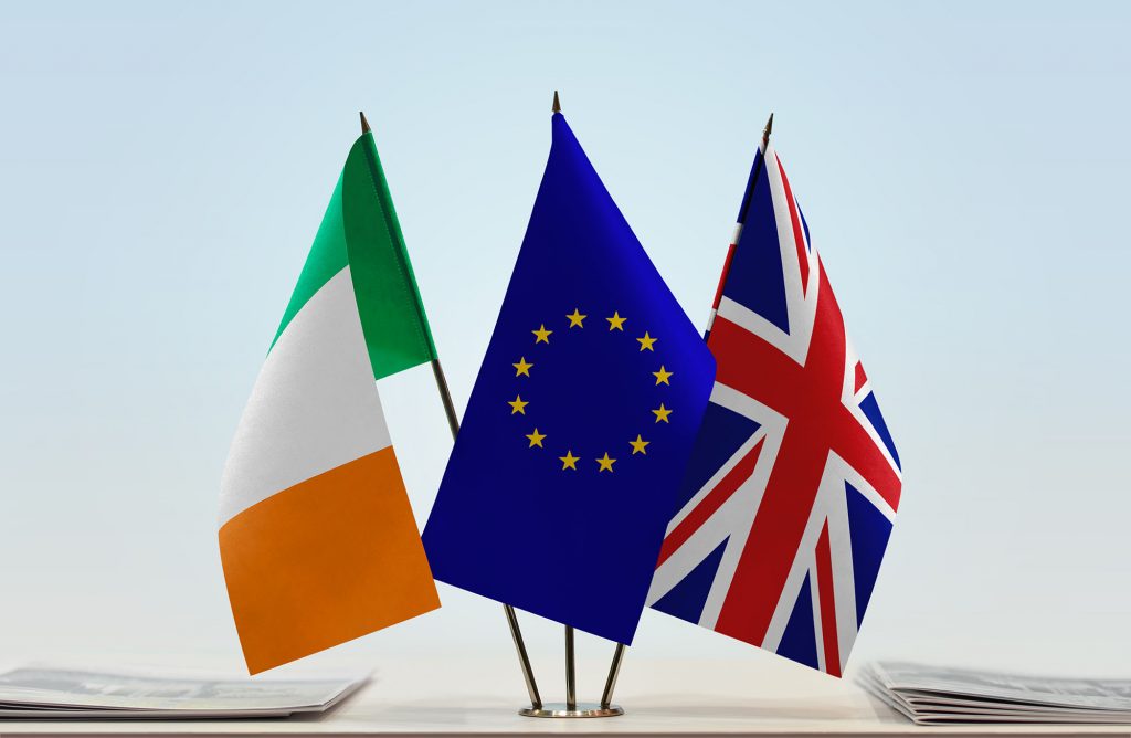 Flags of Ireland and United Kingdom with a EU flag